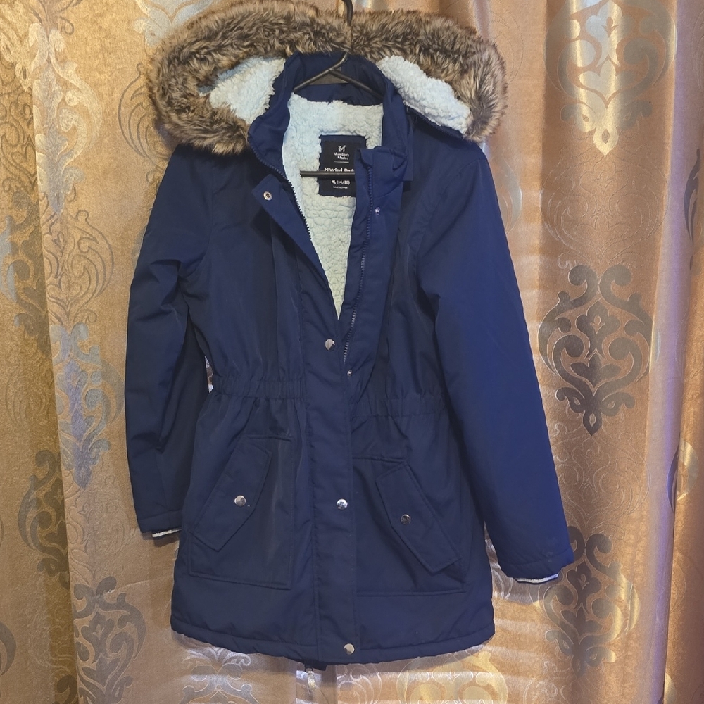 Girls' Navy Faux-Fur Hooded Ski Parka Jacket